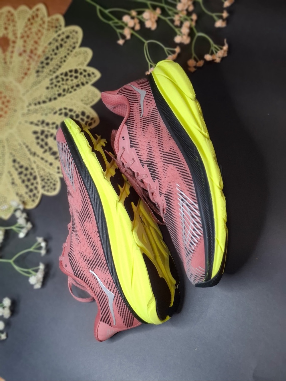 Hoka Women's Pink and Neon Yellow Athletic Running Shoes